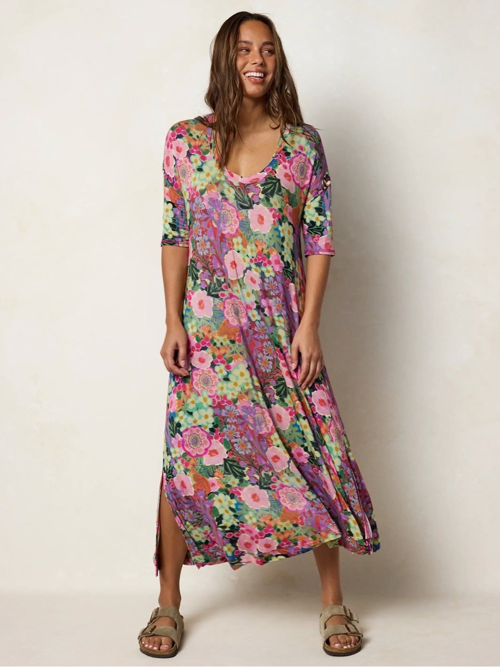 NATURAL LIFE Multicolor Floral Maxi Dress in Pink & Green